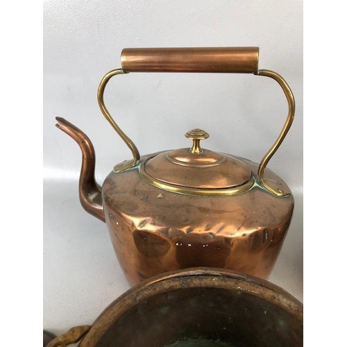 156 - Antique copper ware, Kettles, pots and a brass shop bell