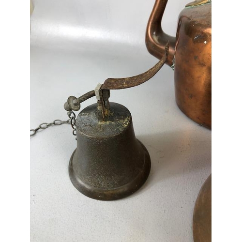 156 - Antique copper ware, Kettles, pots and a brass shop bell