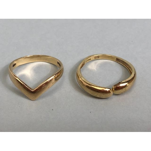 16 - Two yellow gold 9ct rings one of wish bone style (size 'O' & 'Q') total weight approx 3.9g