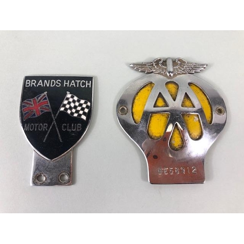 160 - Motoring Automobilia interest, vintage AA 2 piece  bar badge and an enamel Brands Hatch Motor Club b... 