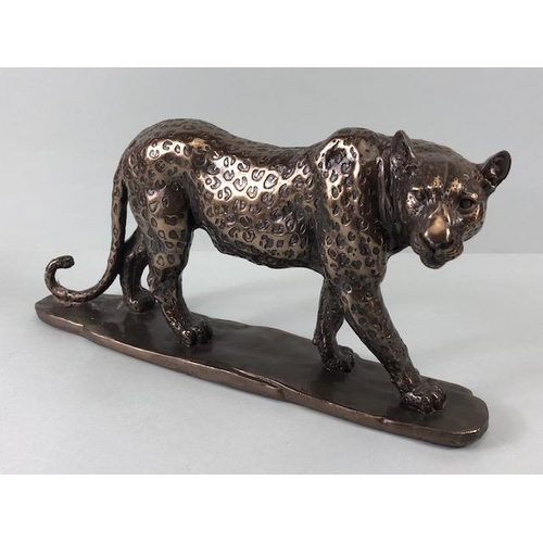 167 - Cold Cast Bronze Big Cats: two leopards (one with damage to tail ) and a tiger, by Regency Fine arts... 