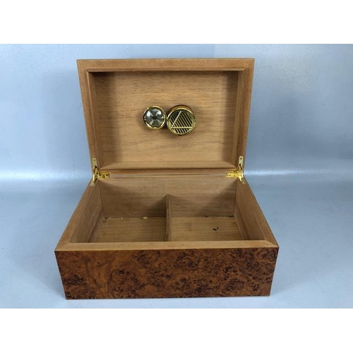 179 - Cigar Humidor, two section table box in laminated burr walnut design approximately 31 x 22 x 13cm