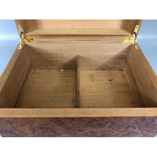 179 - Cigar Humidor, two section table box in laminated burr walnut design approximately 31 x 22 x 13cm