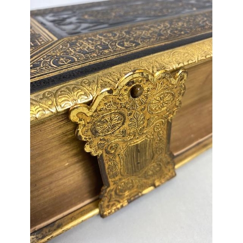 180 - Antique Family Bible, full leather bound with guilt metal mounts and clasps, numerous colour plates ... 