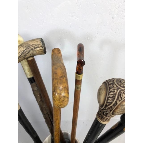 188 - Collection of walking sticks in a ceramic stick stand , various designs, faux amber, faux bone, horn... 