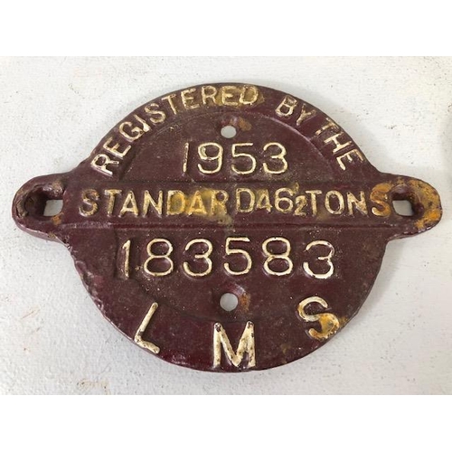 197 - Railway Interest. Two cast Iron Railway plaques, LMS 1953 Standard D462TONS register, 1956 B942487 T... 