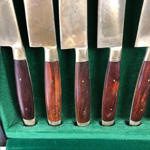 203 - Vintage Cutlery, a 44 piece canteen of mid century bronze and teak cutlery in its fitted case ( old ... 