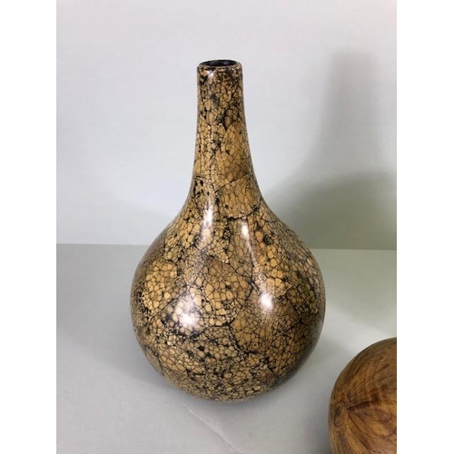 211 - Decorative pottery and glass, Elvington pottery round flask bottle, crackle glaze vase, three gradua... 