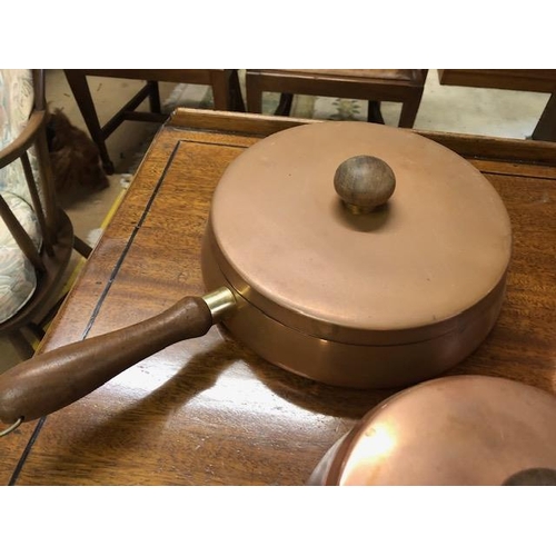 217 - Vintage Retro mid century set of Copper pans with teak handles, comprising three sauce pans and one ... 