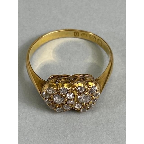 22 - 18ct  yellow gold ring of 2 joined heart shaped cluster settings set with diamonds approximately 2.7... 