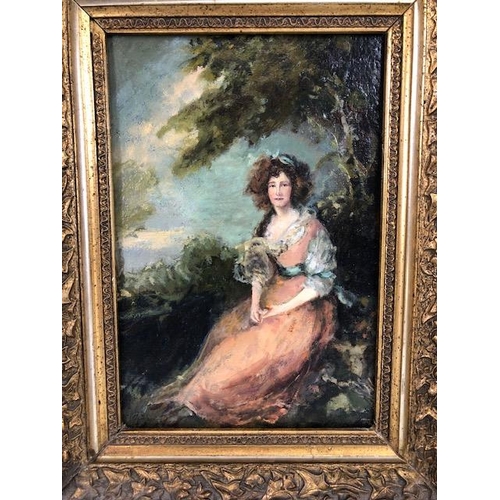 220 - Paintings, 19th century style oil on canvas portrait of a lady sat in a country setting with decorat... 