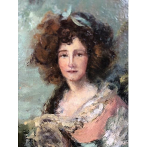 220 - Paintings, 19th century style oil on canvas portrait of a lady sat in a country setting with decorat... 