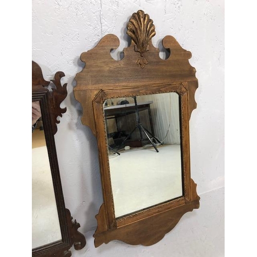 221 - Antique Mirrors, two early 19th century wooden framed mirrors of scroll design one with a carved sca... 