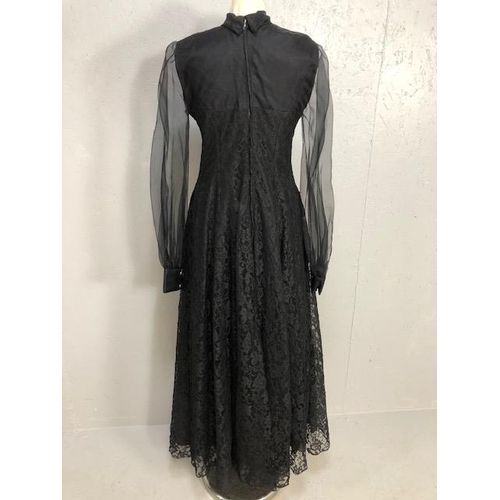 222 - Vintage clothing late 20th century full length evening dress of of black lace with chiffon sleaves, ... 