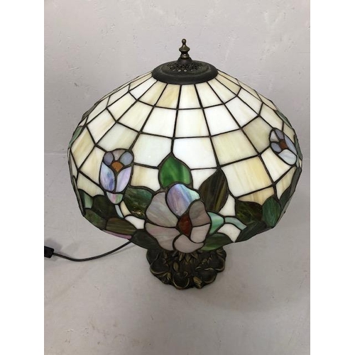 223 - Vintage lighting, Tiffany style table lamp of good proportions, cast metal base of naturalistic form... 