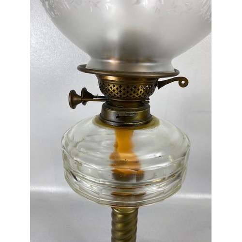 235 - Antique Oil Lamp, Brass twisted column base with clear glass reservoir frosted etched glass shade wi... 