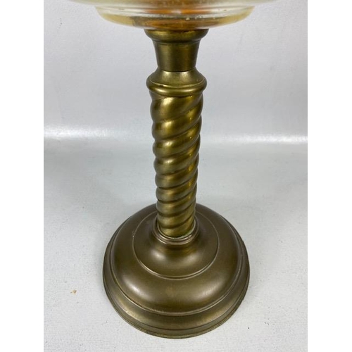 235 - Antique Oil Lamp, Brass twisted column base with clear glass reservoir frosted etched glass shade wi... 