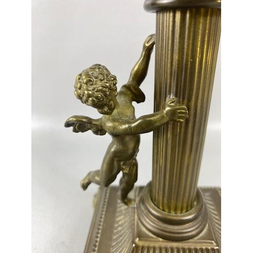 236 - Antique Oil Lamp, Victorian Brass lamp reeded column and cherub base frosted and etched shade approx... 