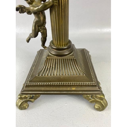 236 - Antique Oil Lamp, Victorian Brass lamp reeded column and cherub base frosted and etched shade approx... 