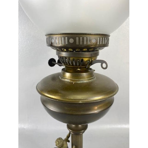 236 - Antique Oil Lamp, Victorian Brass lamp reeded column and cherub base frosted and etched shade approx... 