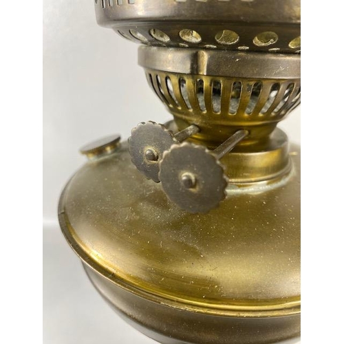 236 - Antique Oil Lamp, Victorian Brass lamp reeded column and cherub base frosted and etched shade approx... 