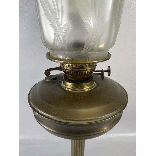 238 - Antique Oil lamp, Victorian Art Nouveau Brass lamp base and reservoir with opaque etched shade (repa... 