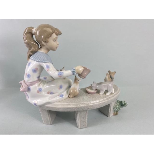 241 - Lladro, porcelain figures being 010.08023, Room for Three, 06109, Meal time, 010.06941 Kittens Gathe... 