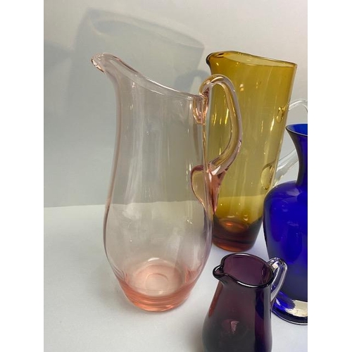 244 - Art glass, collection of water pitchers, jugs, vase, goblets, Bristol blue and other colours 8 items