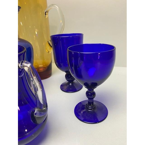 244 - Art glass, collection of water pitchers, jugs, vase, goblets, Bristol blue and other colours 8 items