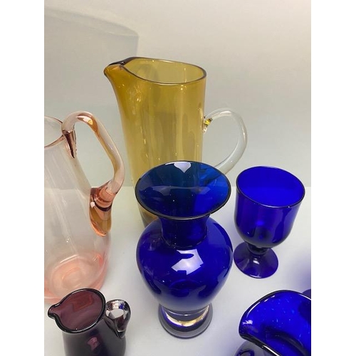 244 - Art glass, collection of water pitchers, jugs, vase, goblets, Bristol blue and other colours 8 items