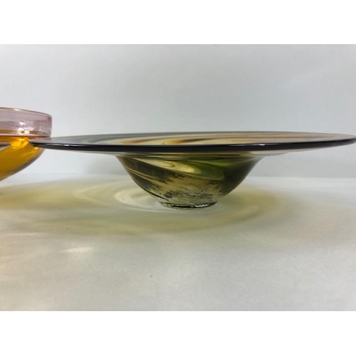 245 - Art Studio glass, Three amber glass bowls all with ground bases one with a signature