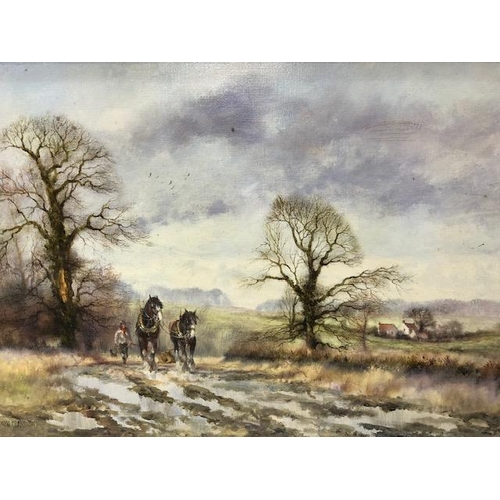 250 - Contemporary  oil on canvas by Alwyn Crawshaw depicting a horse drawn plough in a winter landscape, ... 