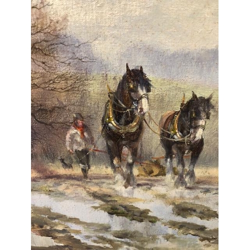 250 - Contemporary  oil on canvas by Alwyn Crawshaw depicting a horse drawn plough in a winter landscape, ... 