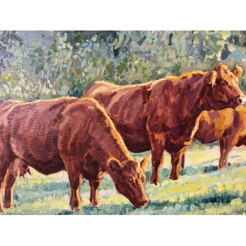 252 - Paintings, pair of contemporary paintings on board of cattle in a field by local Devon artist both s... 