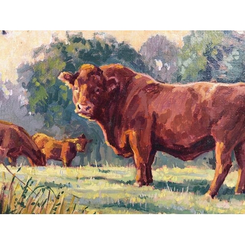 252 - Paintings, pair of contemporary paintings on board of cattle in a field by local Devon artist both s... 