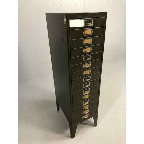 255 - Vintage steel with dark green paint finish 15 drawer filing cabinet approximately 27 x 39 x 99 cm