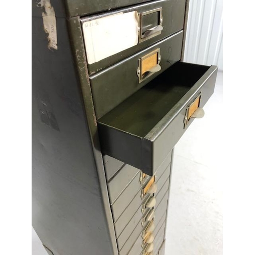 255 - Vintage steel with dark green paint finish 15 drawer filing cabinet approximately 27 x 39 x 99 cm