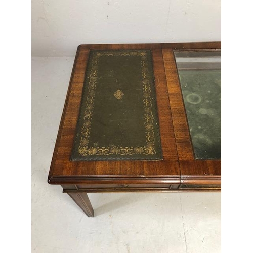 256 - Vintage furniture, late 20th century teak display top coffee table, glass and leather top, drawer se... 