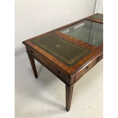 256 - Vintage furniture, late 20th century teak display top coffee table, glass and leather top, drawer se... 