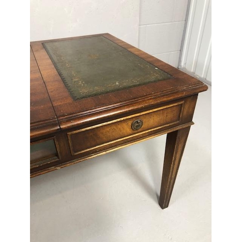 256 - Vintage furniture, late 20th century teak display top coffee table, glass and leather top, drawer se... 