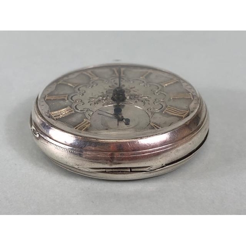 26 - Silver hall marked Gents dress pocket watch , engine turned and engraved dial with gold roman numera... 