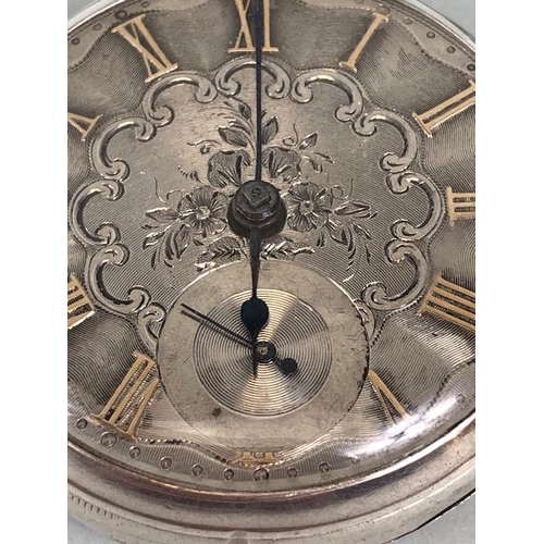 26 - Silver hall marked Gents dress pocket watch , engine turned and engraved dial with gold roman numera... 