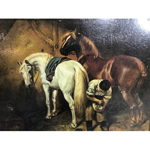 264 - Reproduction oleograph of a farrier shoeing horses in a heavy Gilt frame, approximately 67 x 57cm