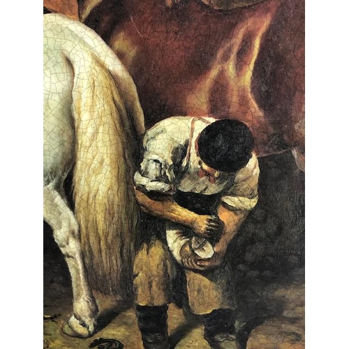 264 - Reproduction oleograph of a farrier shoeing horses in a heavy Gilt frame, approximately 67 x 57cm