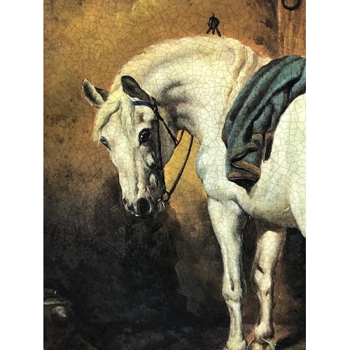 264 - Reproduction oleograph of a farrier shoeing horses in a heavy Gilt frame, approximately 67 x 57cm