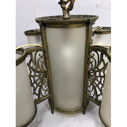 270 - Antique and vintage lighting, 20th century quatrefoil cylinder pendant light, brass with opaque glas... 