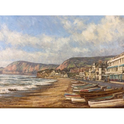 286 - Contemporary framed painting on board by local Devon artist Sandy Macfadyen, depicting Sidmouth sea ... 