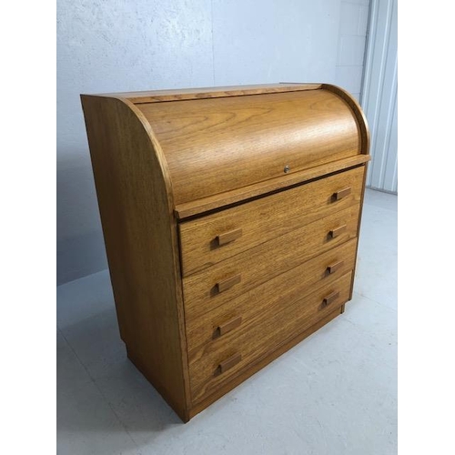 287 - Mid century roll top desk by SM Utility furniture, run of four drawers with roll front desk section ... 