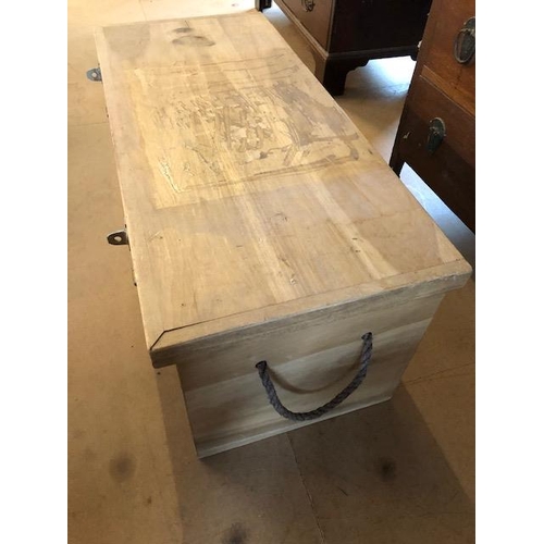 290 - Modern wooden seaman's style trunk or chest with rope handles approximately 95 x 43 x 43 cm