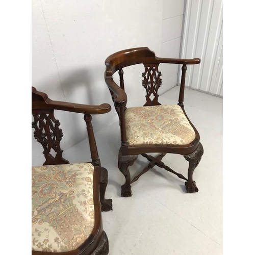 302 - Antique reproduction furniture, pair of 18th century style mahogany corner chairs  on ball and claw ... 